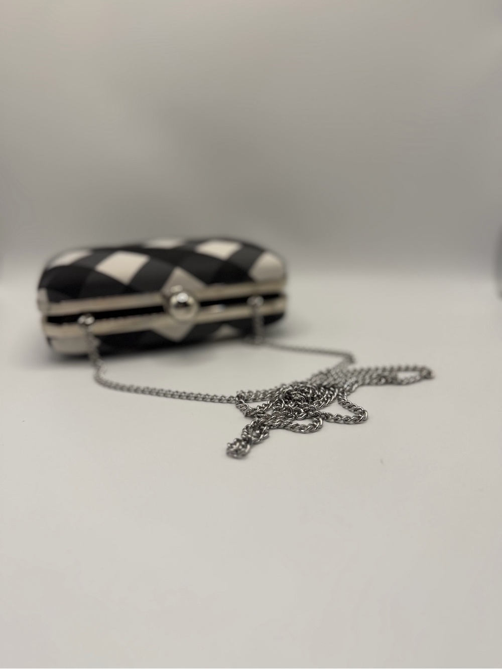 Black and White Checkered Convertible Box Clutch with Silver Chain Strap - Picture 3 of 10
